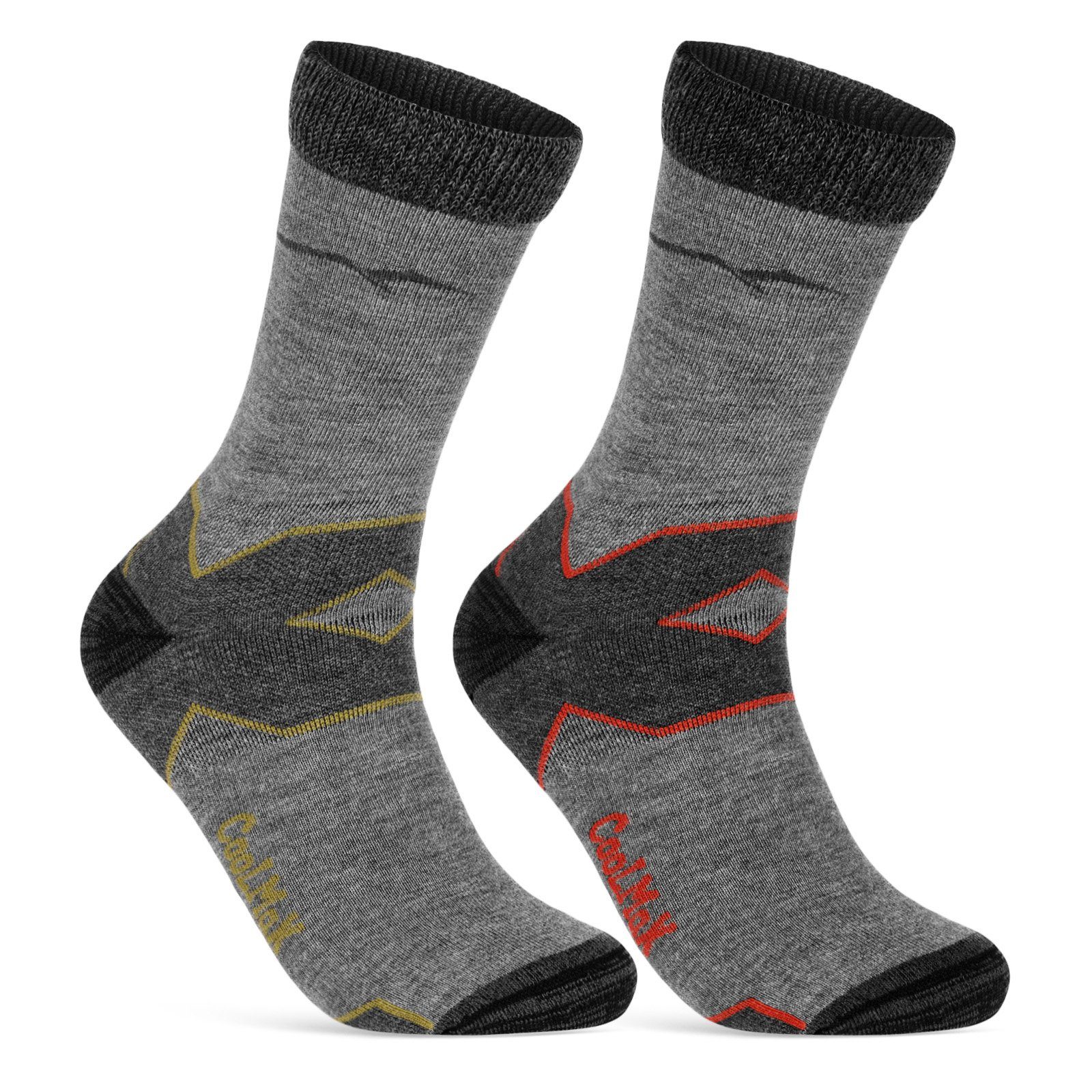 sockenkauf24 Funktionssocken Merino Wandersocken für Herren & Damen Outdoor Trekking Socken (Gr/Gelb-Gr/Rot, 2-Paar, 47-50) - 50101P WP