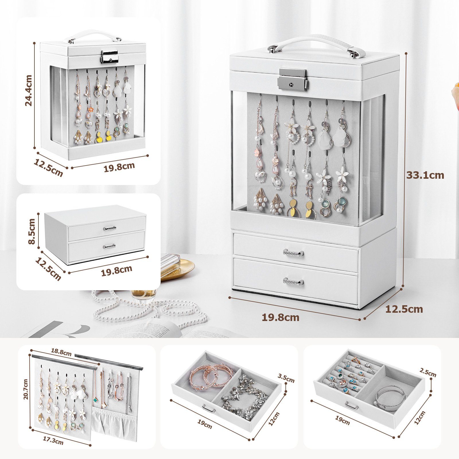 Yorbay Schmuckkasten Zweiteiliger Schmuckkoffer mit 4 Karten und 2 Schubladen, Weiß (Abschließbare Schmuckschatulle, Mit großem Sichtfenster, Mit Spiegel), Schmuckkästchen für Halsketten, Ringe, Armbänder, Ohrringe, Uhren