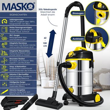 MASKO Industriesauger, 1800 W, Industriestaubsauger Staubsauger Nass Trocken Sauger Edelstahl