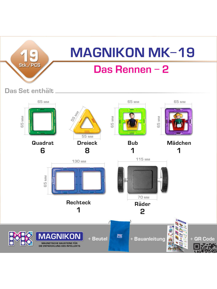 MAGNIKON Magnetische Bausteine MK-19 “Das Rennen-2” mit Rädern, 19 Teile -ab 3 Jahren günstig kaufen onesize
