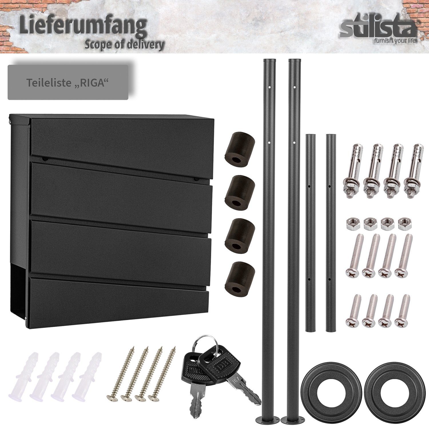 STILISTA Standbriefkasten Briefkasten Postkasten mit Zeitungsfach (Set), inkl. Standfuß, pulverbeschichtetes Metall, Farb- und Modellwahl