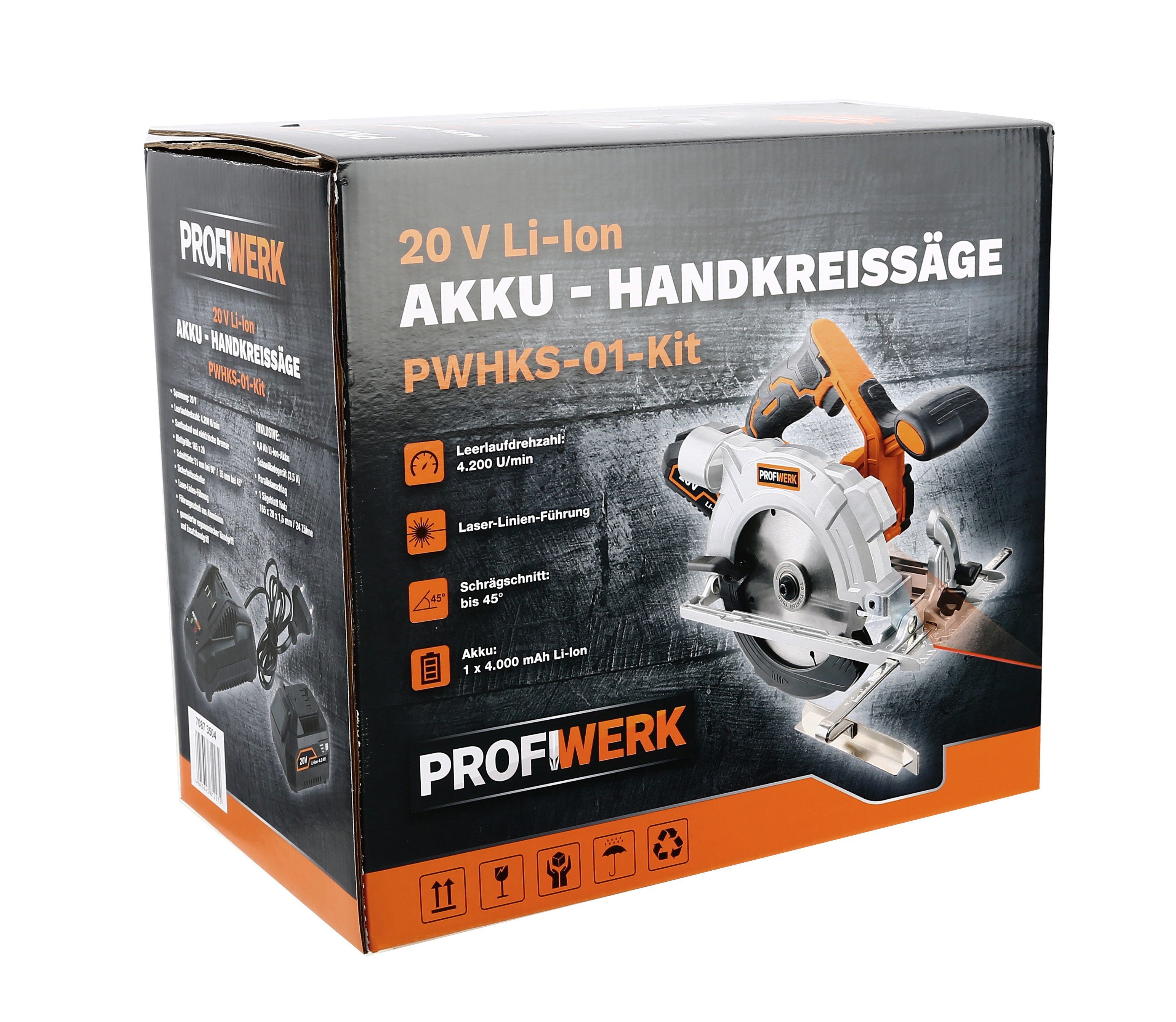 Profiwerk Akku-Handkreissäge PWHKS-01-Kit 20V, 165 mm, Schnittleistung 54/35 mm 90/45°, 4,0Ah Akku, Netzteil