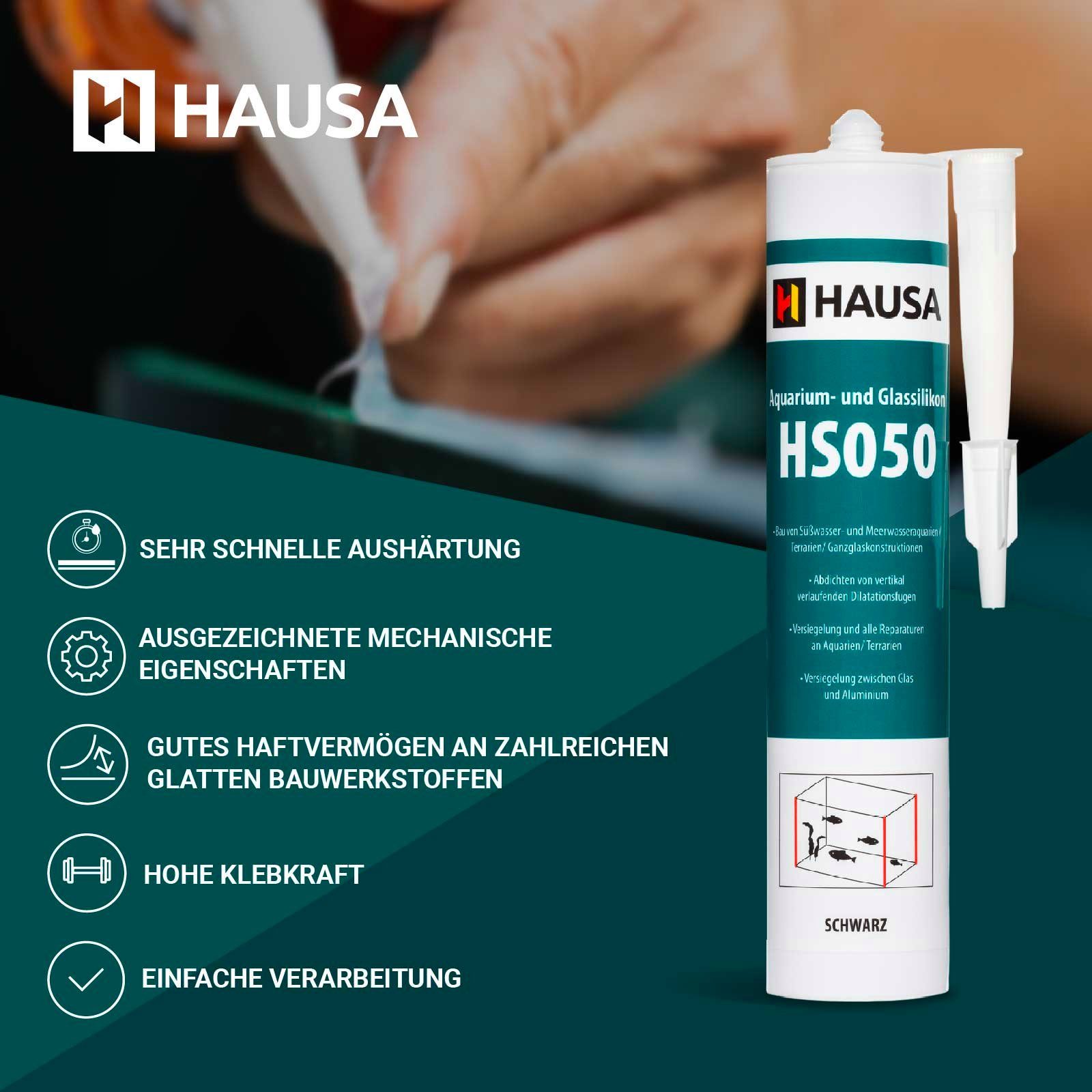 Hausa Silikon, Profi Silikon Kleb- und Dichtstoff für Aquarien und Glaskonstruktionen, Kartusche 310 ml, (Starke Haftung, 1-tlg., Schnelltrocknend), Süß- und Meerwasserbeständig Hohe Elastizität