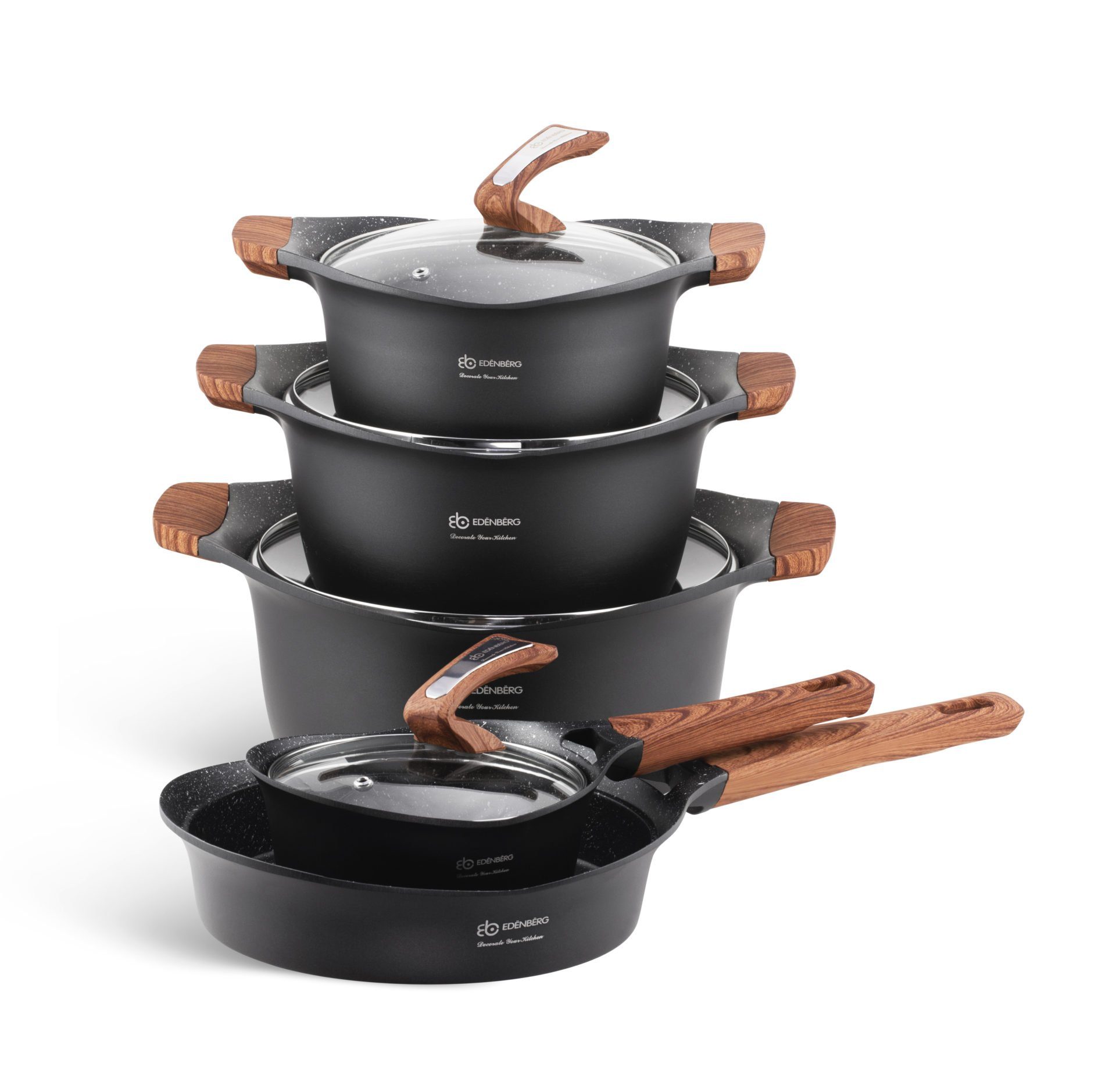Edenberg Topf-Set Modernes Topfset, schwarze Töpfe, braune Griffe, Pfanne, Kasserolle, Aluminium, Keramik (15-tlg., Zeitloses Design des Topfsets. Eine ideale Geschenkidee)
