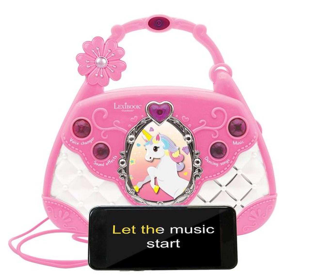 Sac à Main Enceinte Musicale avec Micro, Changement de voix et câble Aux-In Coloris Licorne rose