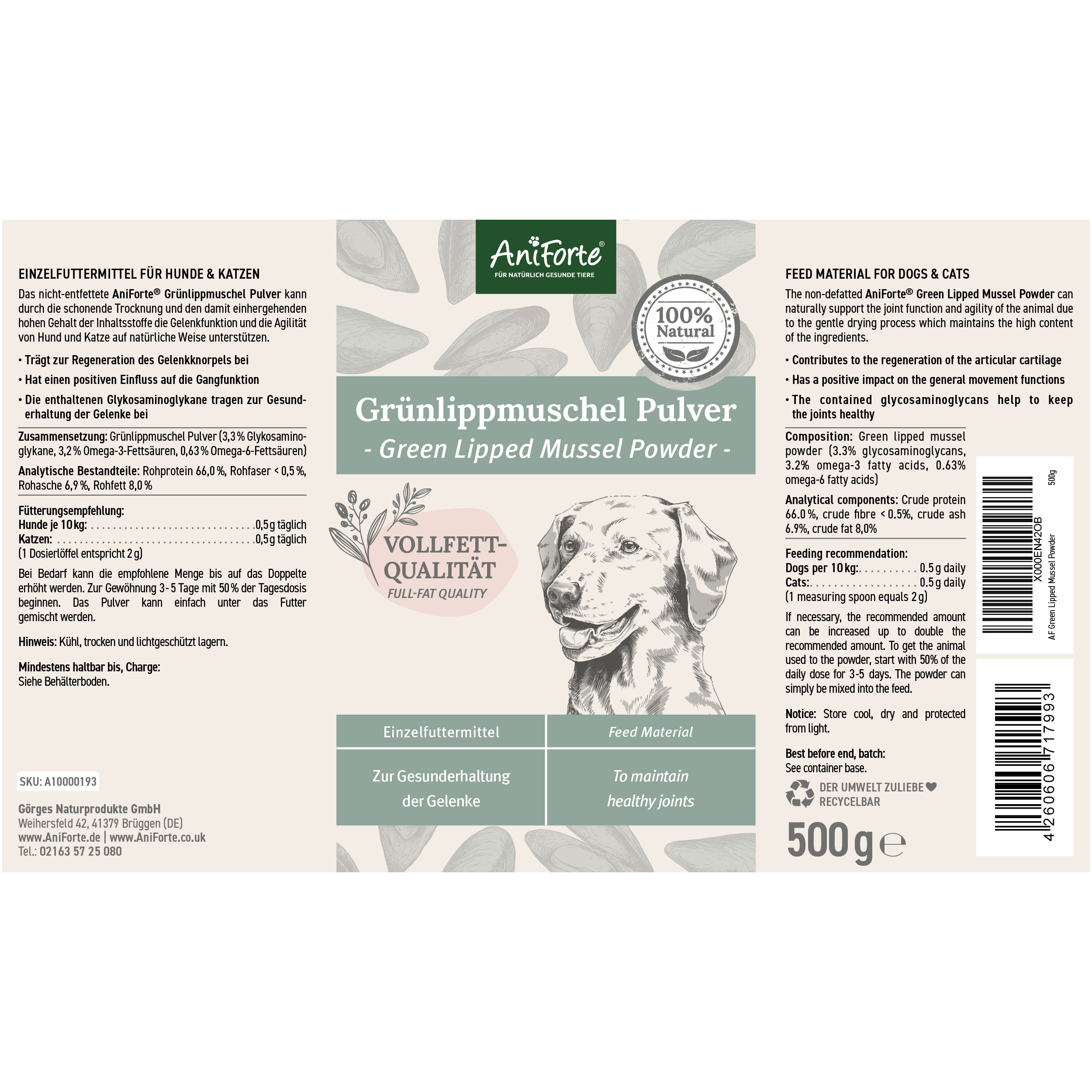 Aniforte Ergänzungsfutter & Aufzucht Aniforte Grünlippmuschelpulver Vollfettqualität 500 g
