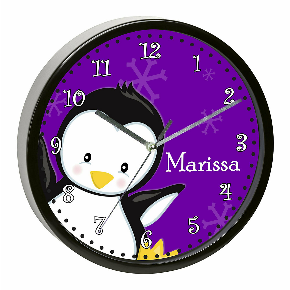 Kinder Wanduhr personalisiert mit Name Pinguin lila