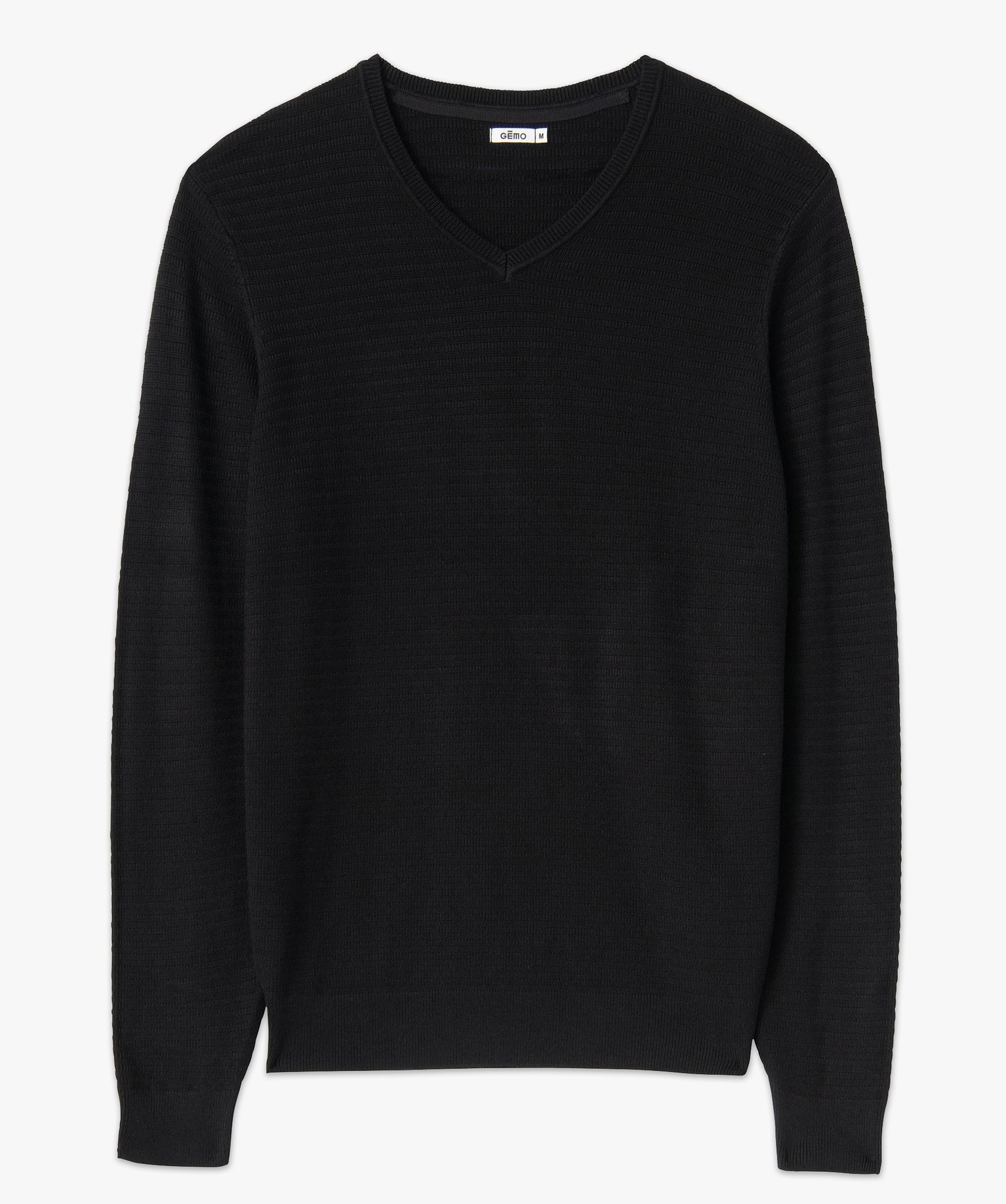 Pull homme à col V en maille fantaisie noir | GEMO
