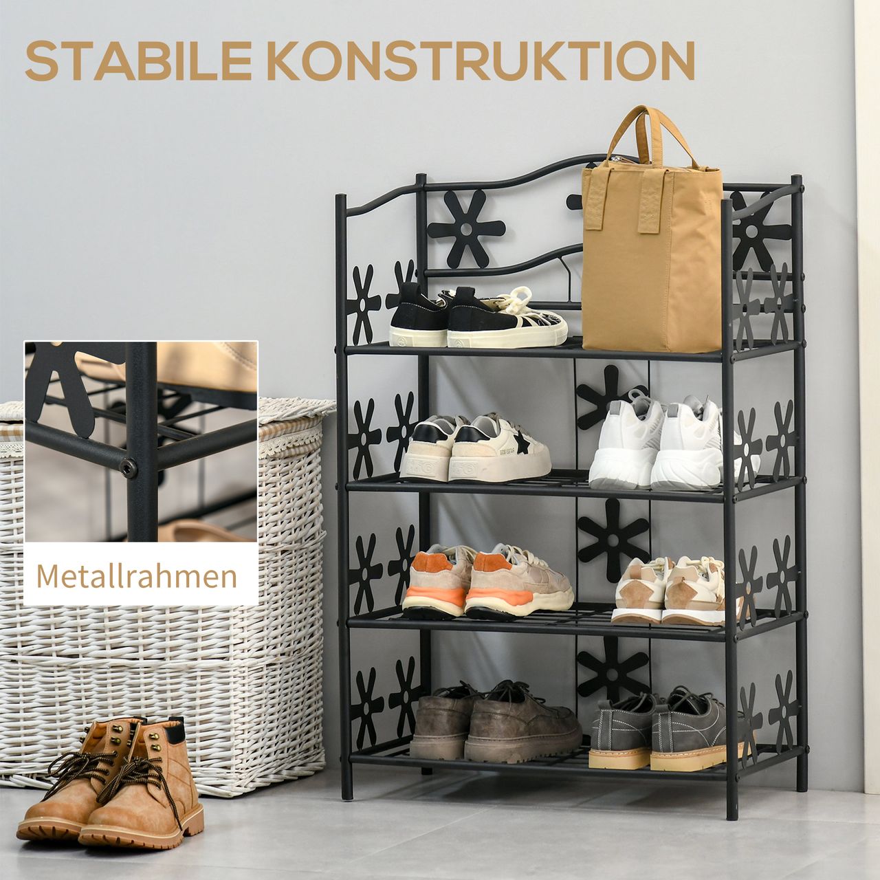HOMCOM Pflanzenregal Blumenregal Pflanzentreppe Standregal Ständer 4 Etagen Metall Schwarz 59,5 x 30 x 92 cm