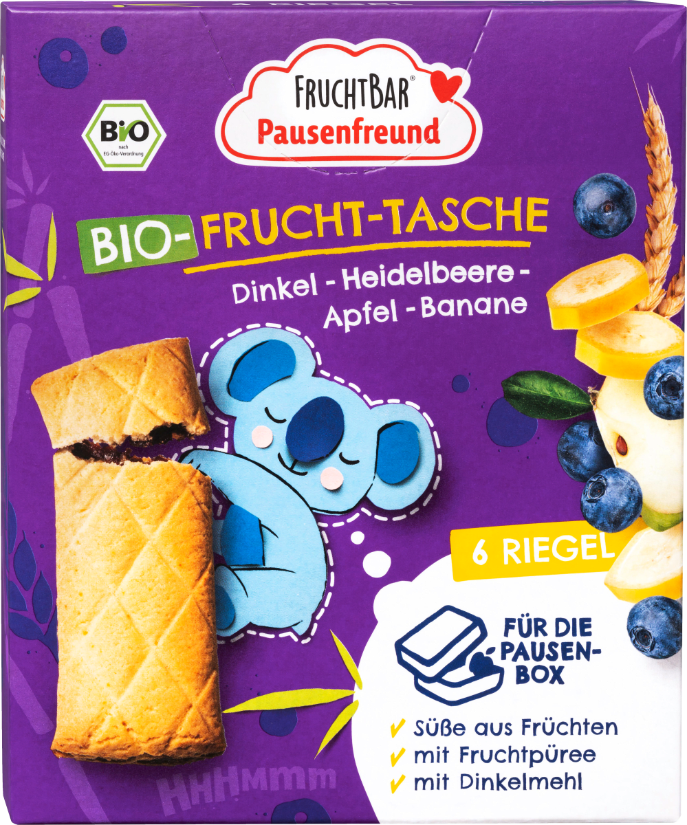Kindersnack Pausenfreund Frucht-Tasche, Dinkel, Blaubeere, Apfel, Banane ab 3 Jahren (6x22 g), 132 g