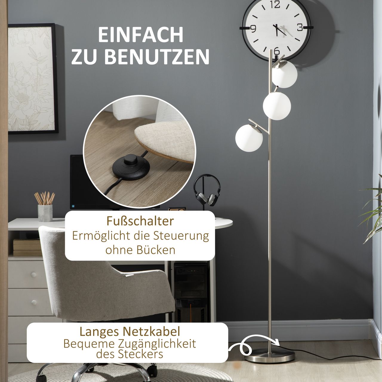 HOMCOM Stehleuchte, Stehlampe, 40 W Standlampe mit E27 Fassung exkl. Glühbirne