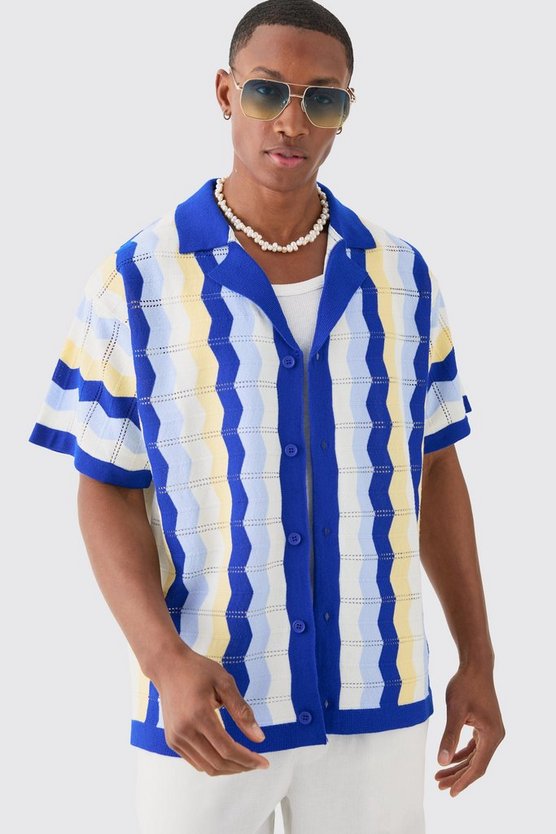 Kastiges gestreiftes Oversize Strick-Hemd