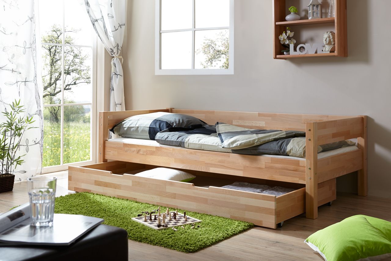 Ticaa Einzelbett Robby mit Schubkasten Buche massiv