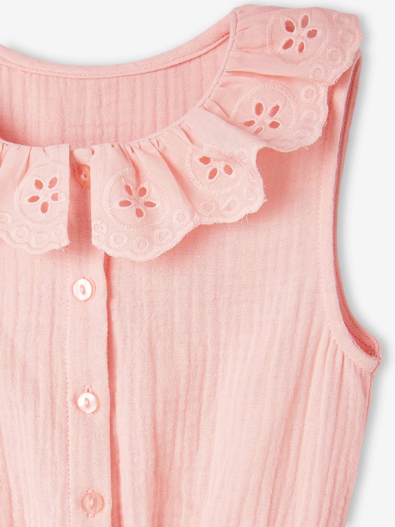 Combinaison longue en gaze de coton fille col en broderie anglaise rose pâle