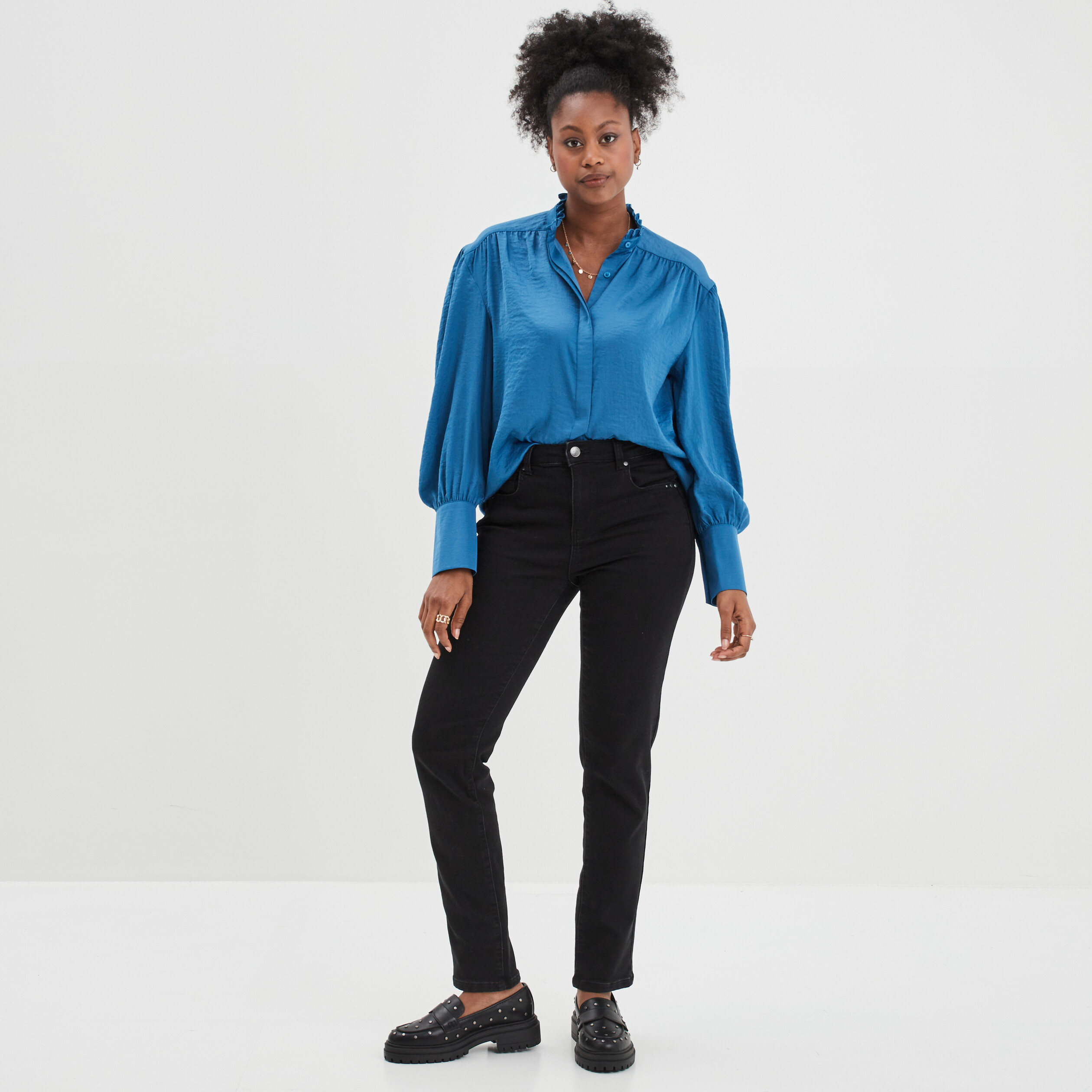 Blouse col montant manches bouffantes bleu femme | La Halle