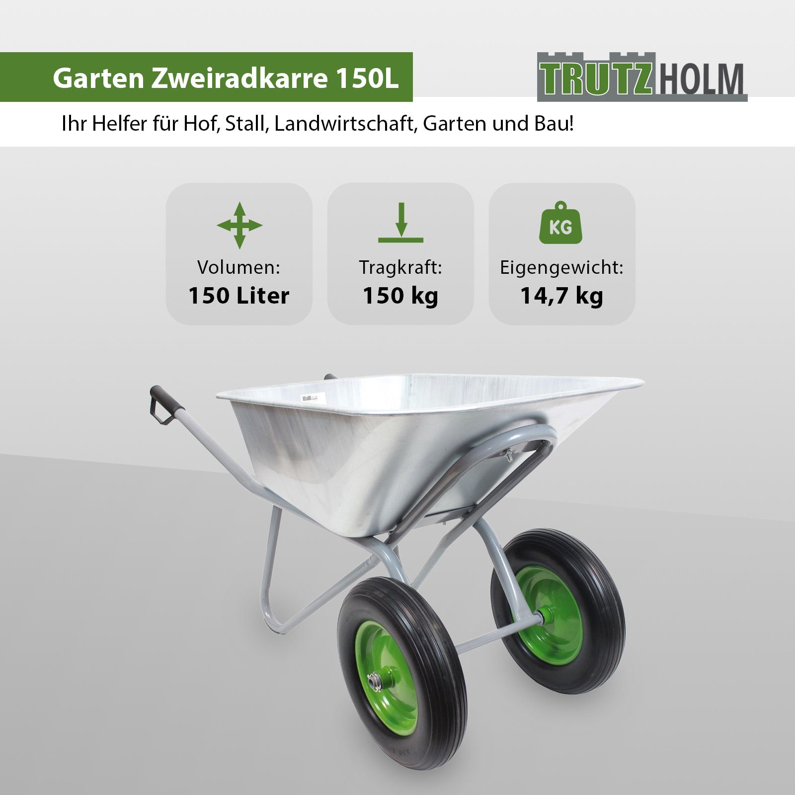 TRUTZHOLM Schubkarre Schubkarre Schiebkarre Gartenkarre Zweiradkarre 2-Rad PU Rad 150l