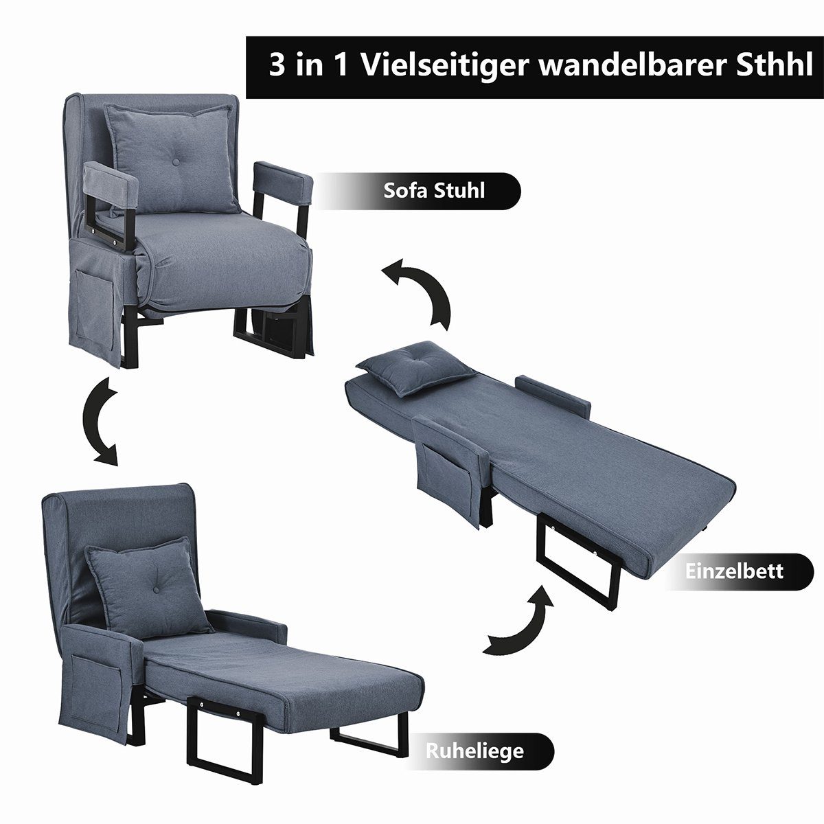 XDeer Relaxsessel 3 in 1 Schlafsofa Schlafsessel Indoor-Liegen mit Kissen, klappbarer Sofasessel Umwandelbare Chaiselongue Gepolsterter