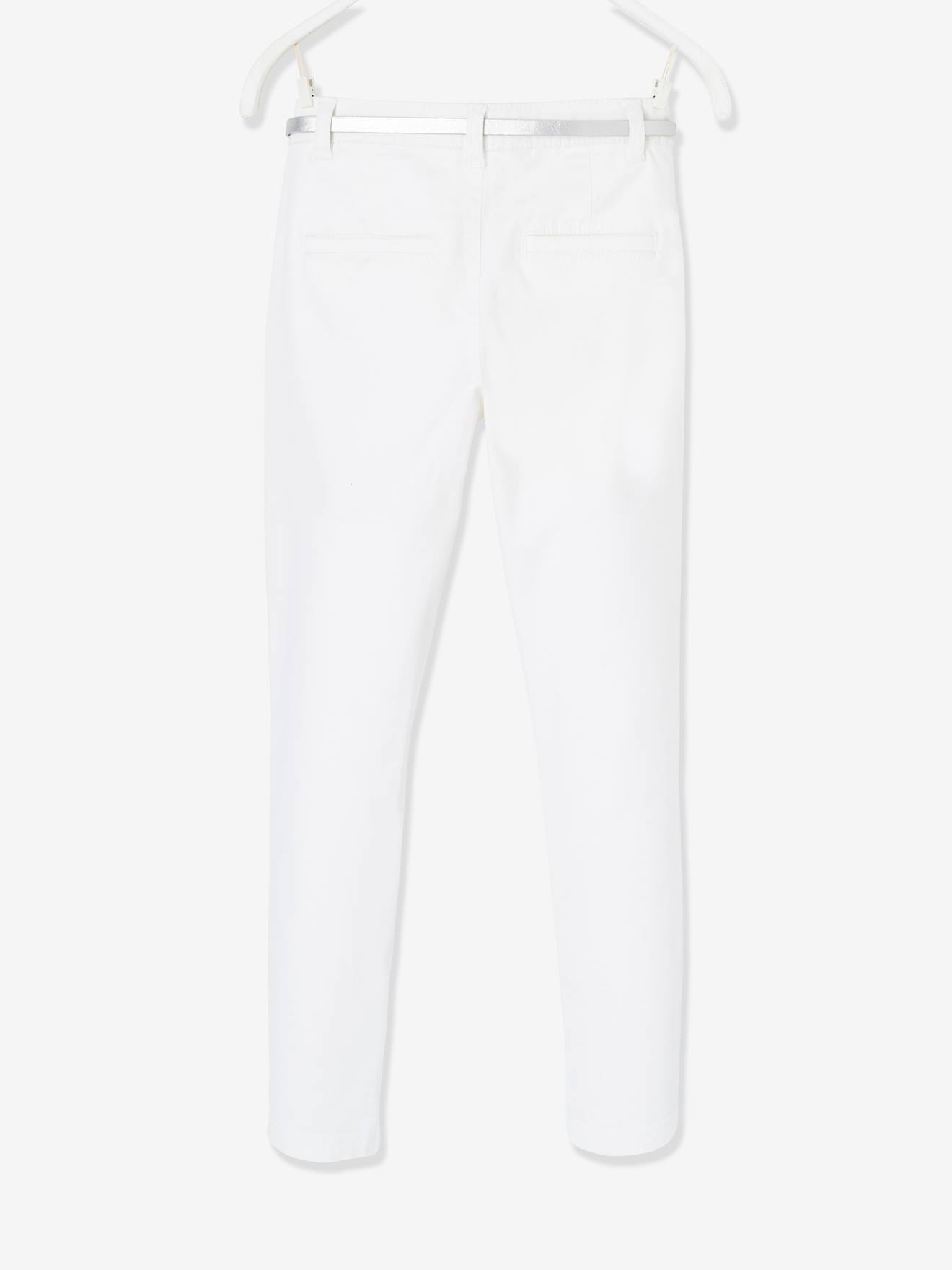 Pantalon chino fille en satin de coton et sa ceinture irisée blanc