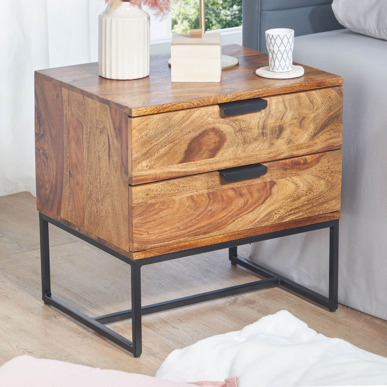 Skyport WOHNLING Nachttisch Boxspringbett Massivholz 50x40x51 cm Nachtkommode Schubladen