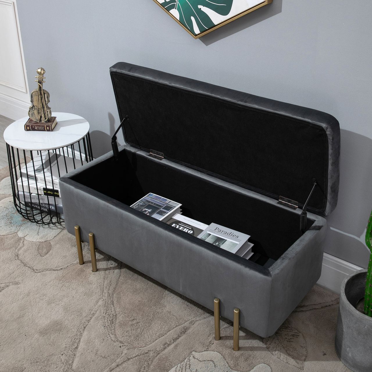 HOMCOM Sitzbank, Polsterbank mit Stauraum, Truhenbank, Stoff, Metall, Schaumstoff, Dunkelgrau, 100 x 40 x 42 cm