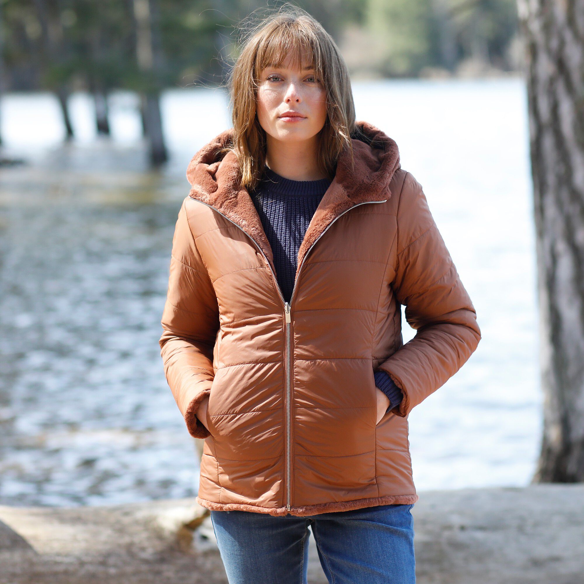 Veste fausse fourrure réversible en doudoune