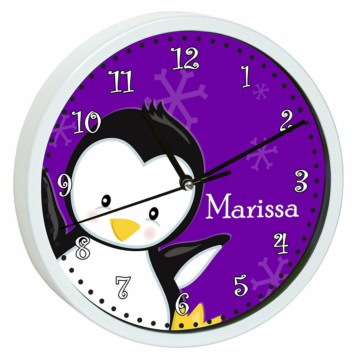 Kinder Wanduhr personalisiert mit Name Pinguin lila