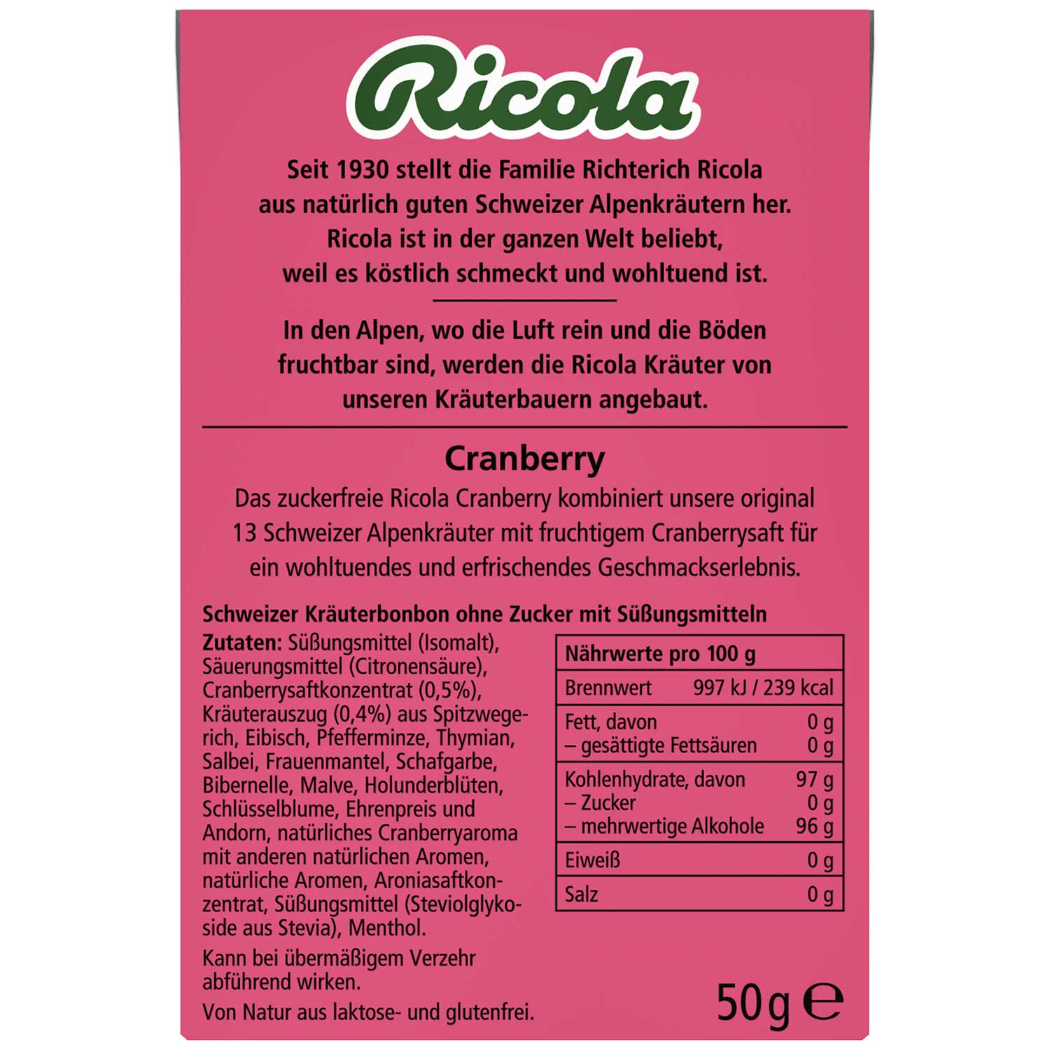 Ricola Cranberry ohne Zucker 50g