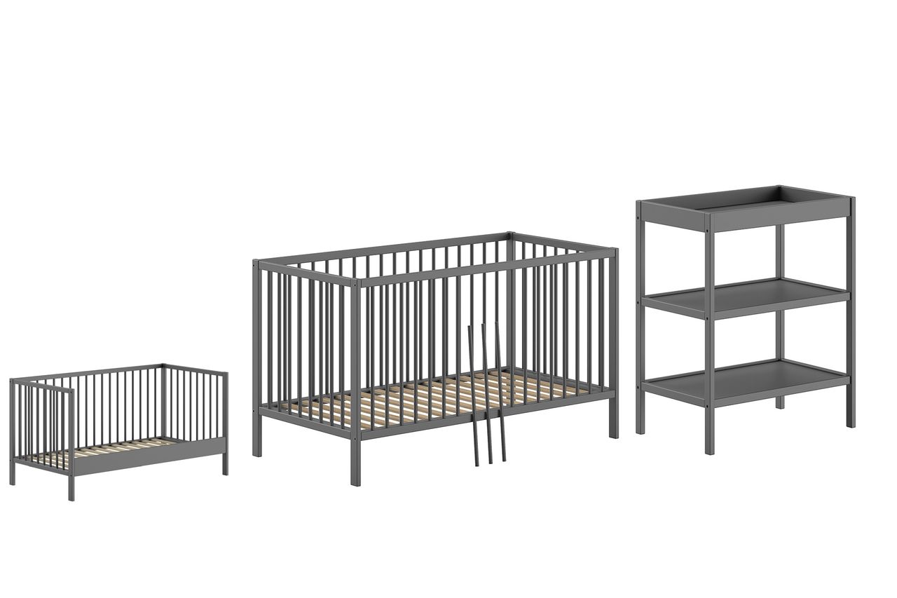 VIPACK Vipack - DINO Set best. aus Baby/Juniorbett und Wickelregal, Buche massiv anthrazit lackiert