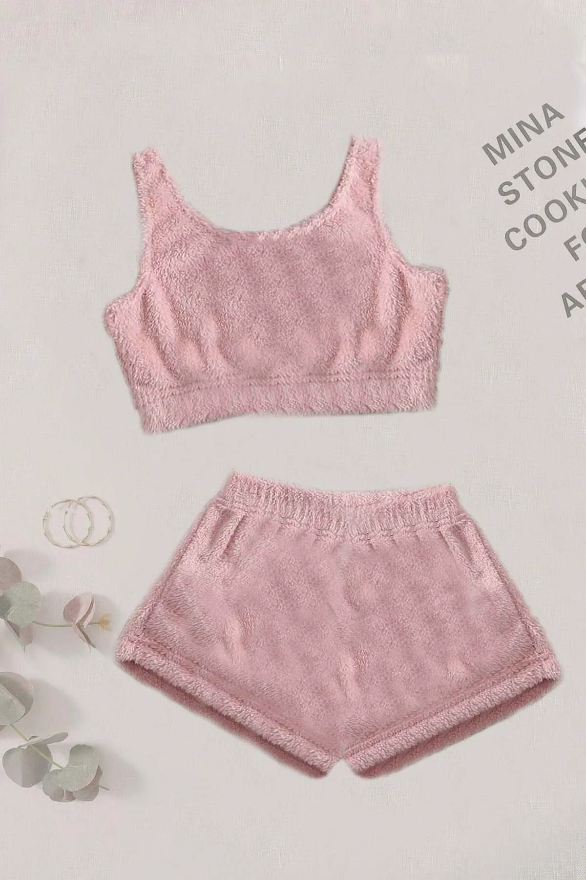 Merry See  Einfarbiges 1-Set-Pyjama-Set mit ärmellosen Trägern aus Plüsch-Fleece unten und oben mit Shorts