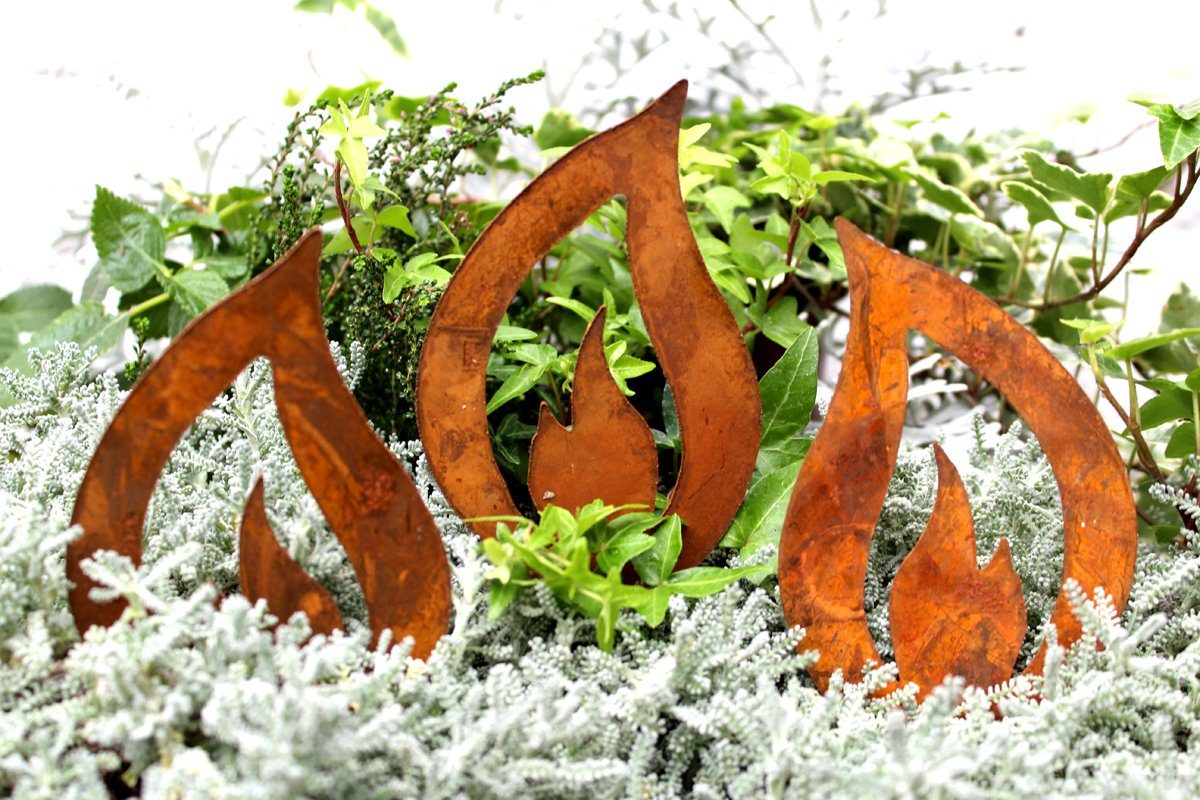 LB H&F Lilienburg Teichfigur 3er SET Gartenstecker Gartenfigur Gartendeko Rost Flamme Metall, (dekorieren Rostfigur Weihnachten Frühling Ostern Herbst Winter Weihnachtsdeko rostige Dekoflamme zum Stecken basteln FLAMMEN NEO, Beetstecker Metallstecker