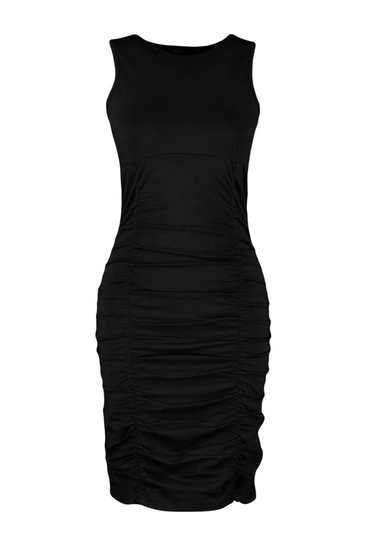 Trendyol Collection  Schwarzes, detailliertes, eng anliegendes, flexibles Mini-Strickkleid aus Baumwolle mit Rundhalsausschnitt TWOSS23EL00799