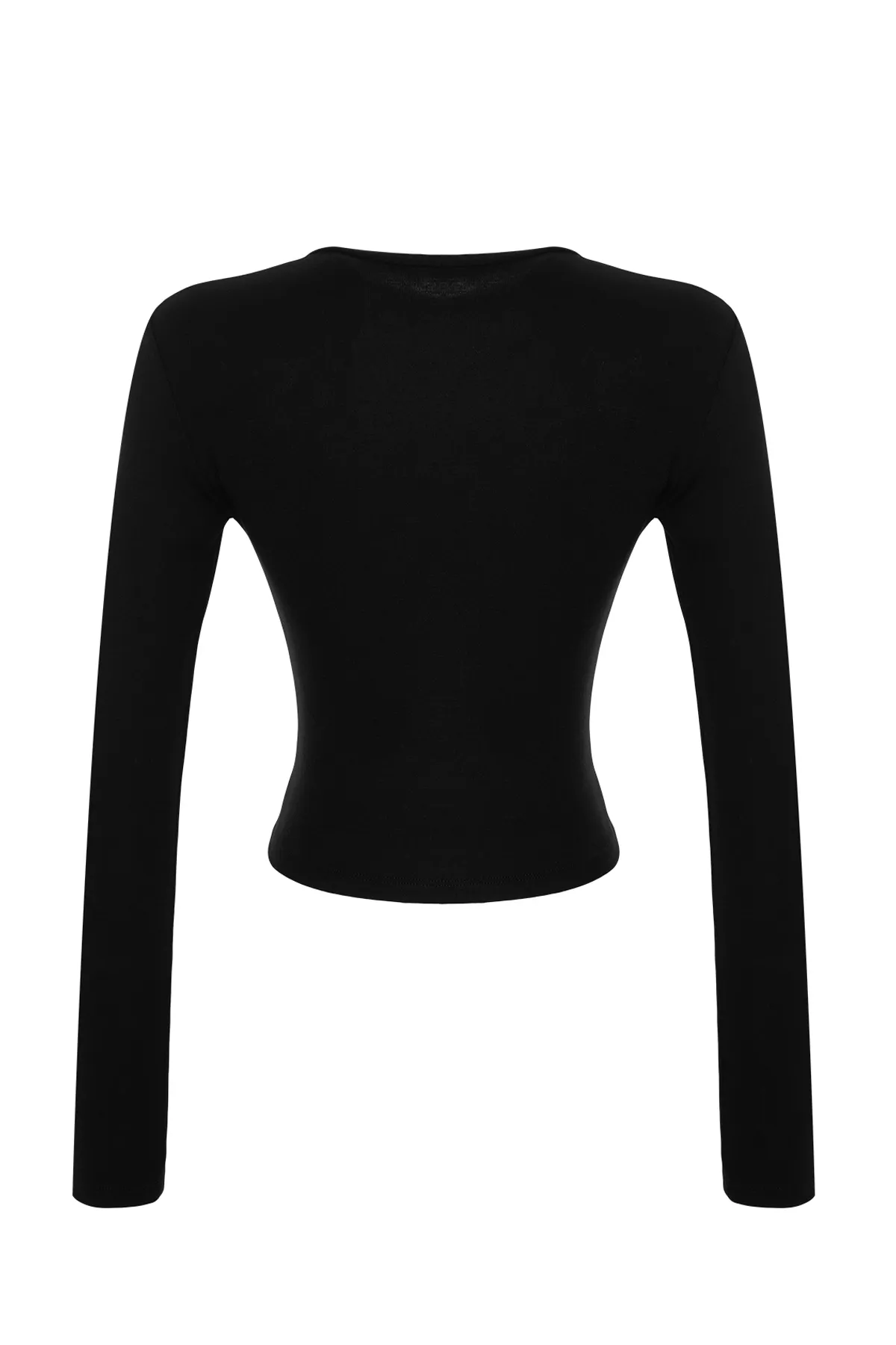 Trendyol Collection  Schwarze Premium-Viskose-Strickbluse mit kurzem Schnitt und dehnbarem Rundhalsausschnitt TWOAW24BZ00116