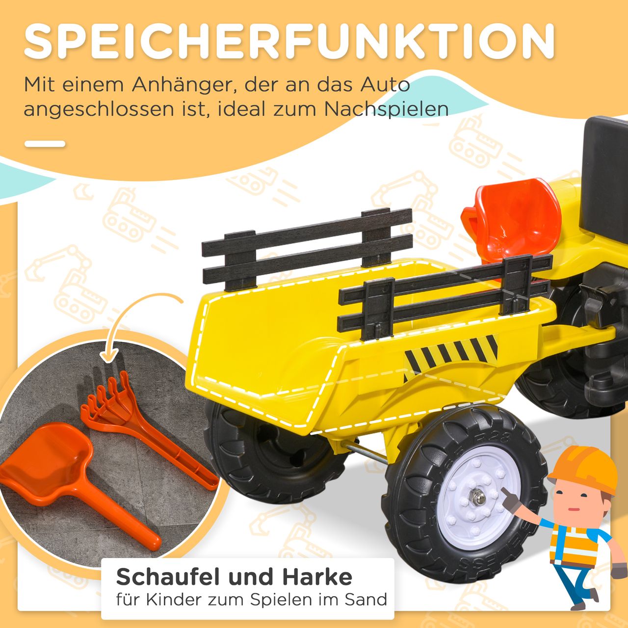 HOMCOM Trettraktor mit Anhänger Tretauto Traktor ab 3 Jahre Kinder Gelb
