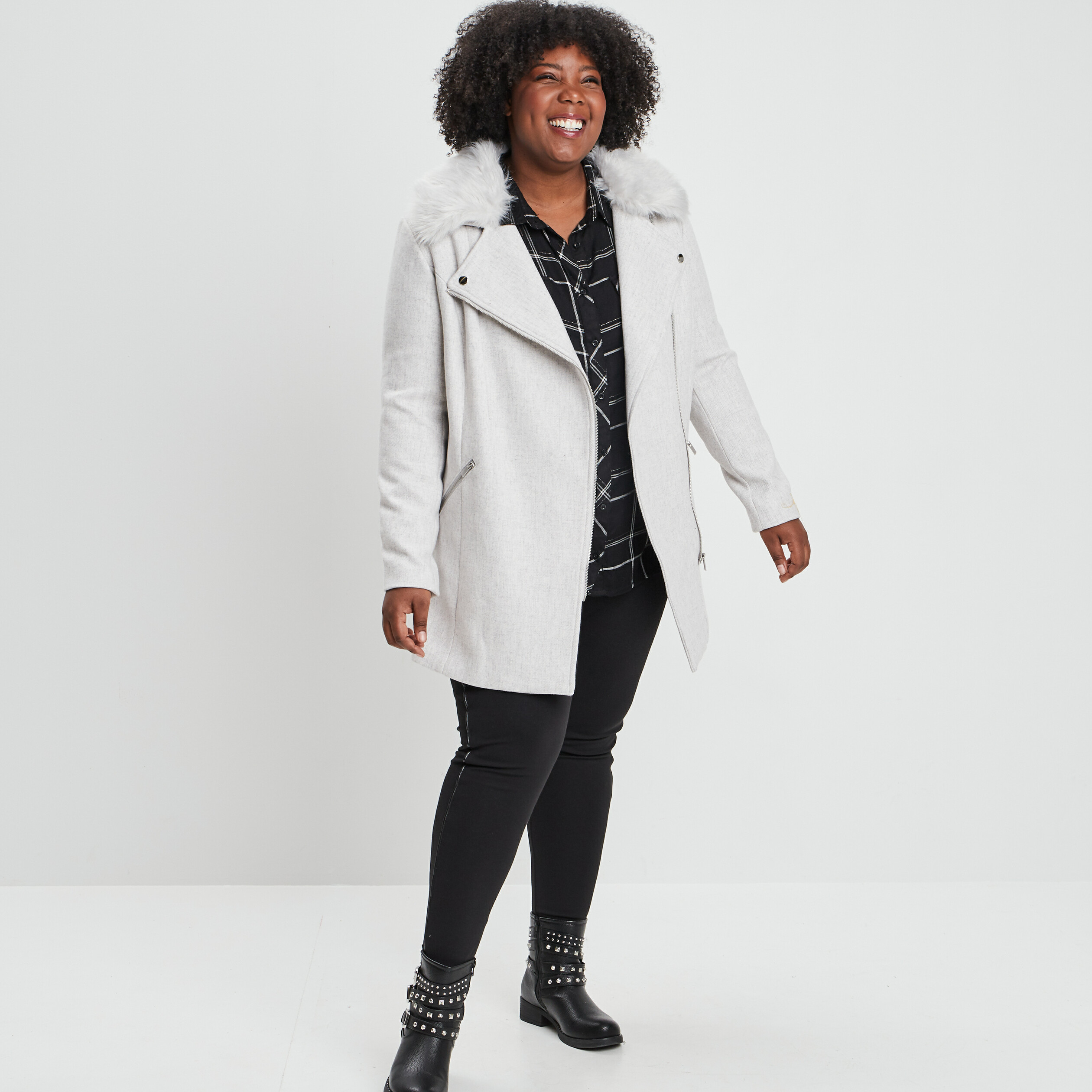 Manteau droit mi-long gris femme grande taille | La Halle