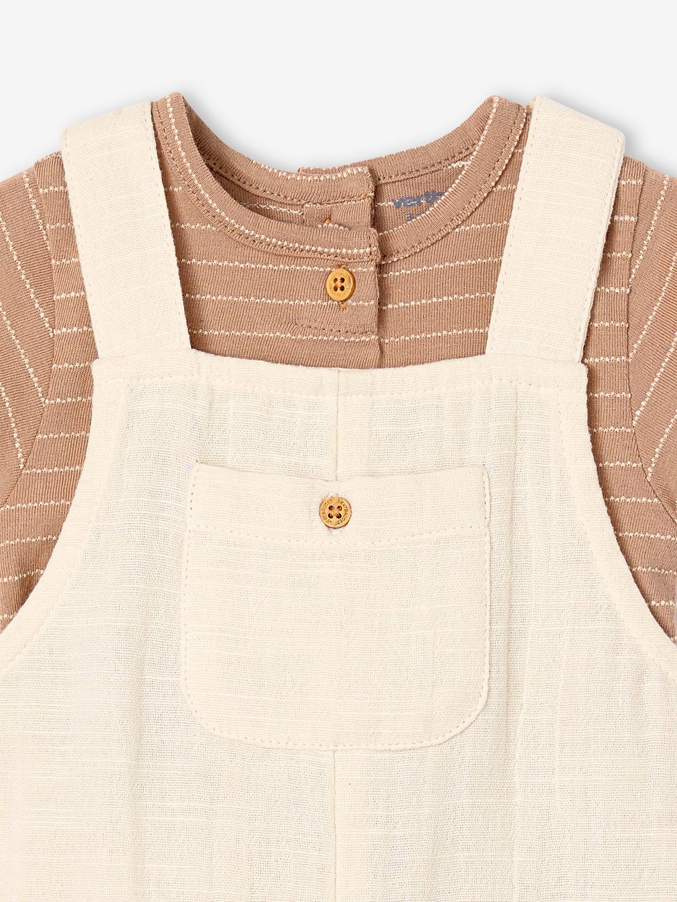 Ensemble bébé body, salopette et chapeau écru