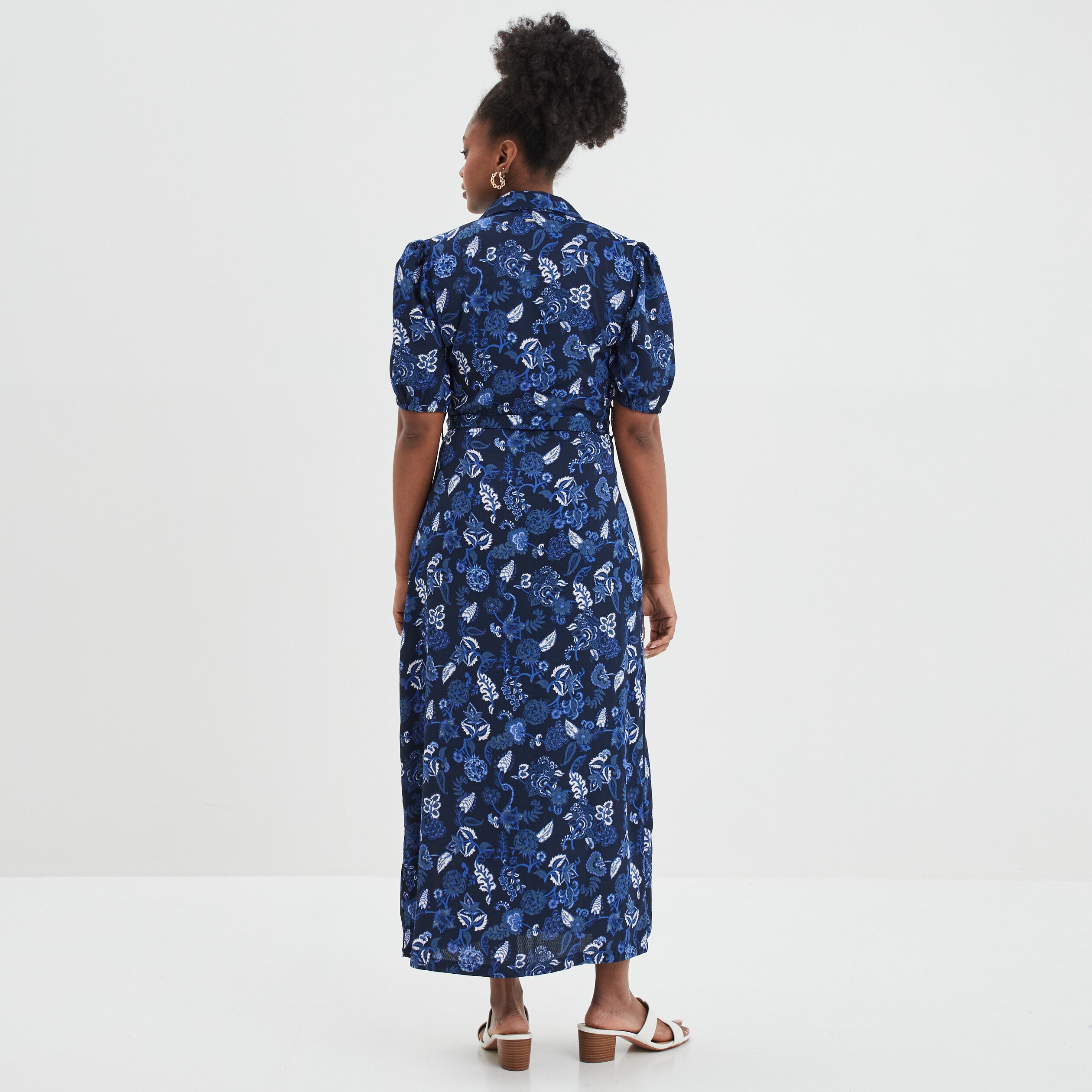 Robe longue chemise ceinturée Creeks bleu marine femme | La Halle