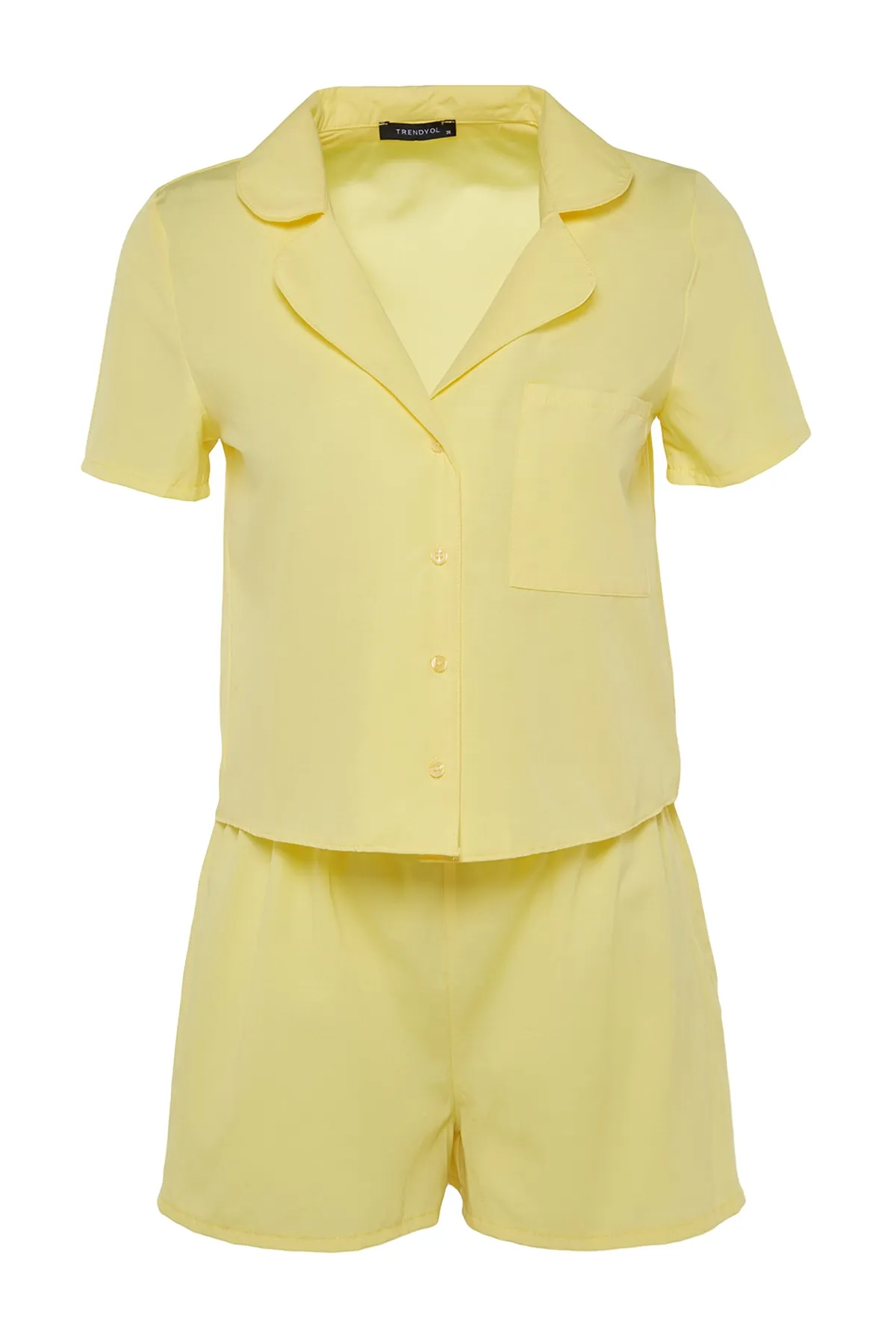 Trendyol Collection  Gelbes, gewebtes Pyjama-Set mit Hemd und Shorts aus Frottee-Baumwolle THMSS23PT00132