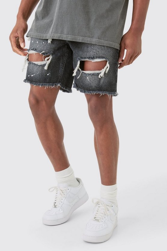 Graue Slim-Fit Jeansshorts mit Rissen und Farbspritzern