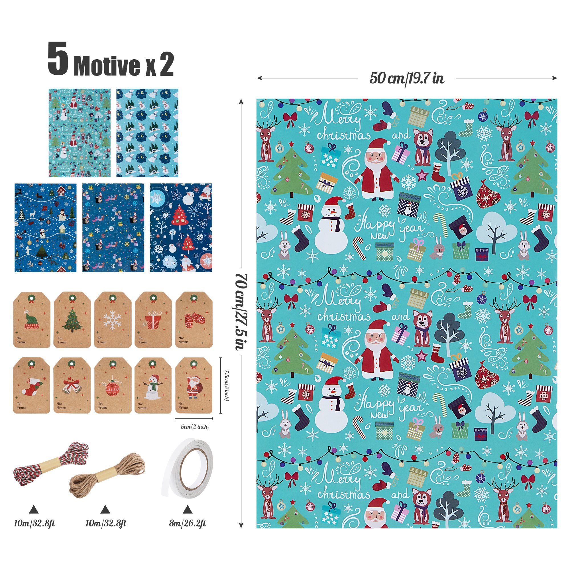 Homewit Geschenkpapier 10 Rollen Verpackungspapier, für Geburtstag, Urlaub, Babyparty, Ostern, Weihnachten Geschenkpapier