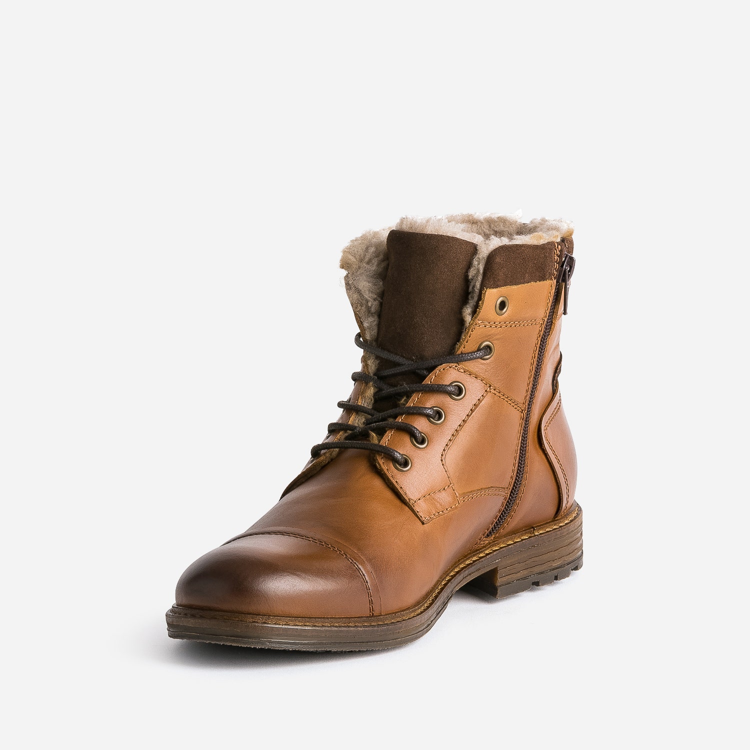 Boots cognac en cuir col fourré