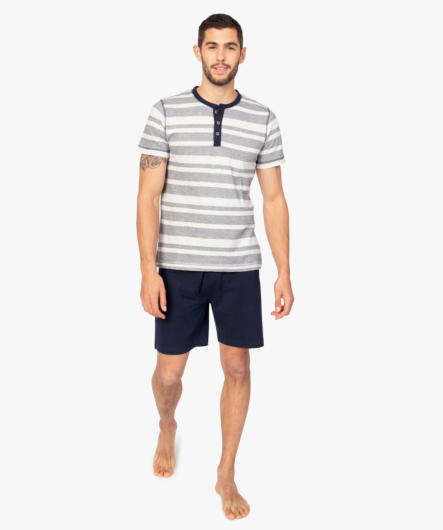 Pyjashort pour homme avec haut rayé et bas uni bleu | GEMO