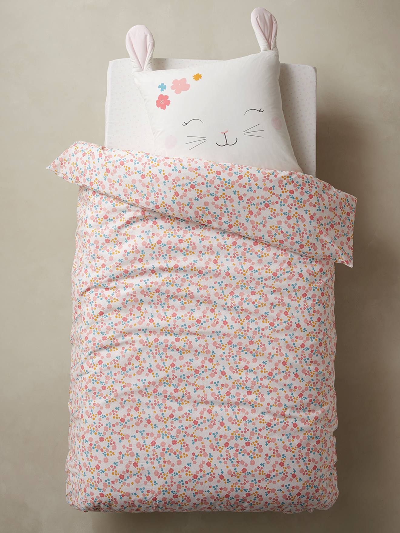 Vertbaudet Kinder Bettwäsche-Set BLUMENHASE Oeko Tex - wollweiß/rosa