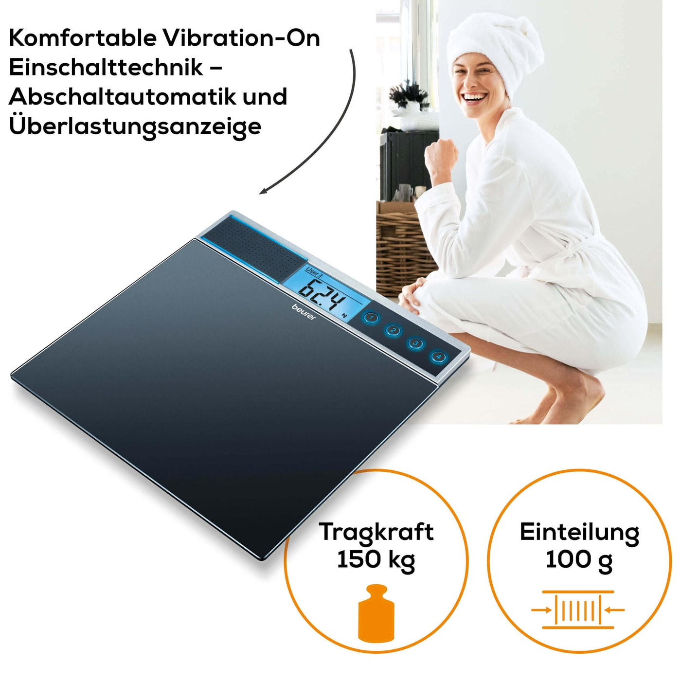 Beurer Glaswaage GS 39-Personenwaage aus Glas mit Sprachfunktion in 5 Sprachen - bis 150 kg