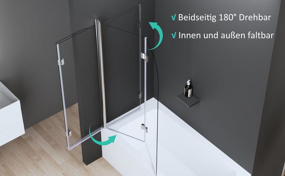 Boromal Badewannenfaltwand Duschwand Badewanne Faltbar 2/ 3-tlg Duschwand Klappbar 120x140cm, Einscheibensicherheitsglas, 6mm Easyclean ESG Sicherheitsglas, Vollständig zusammenklappbar