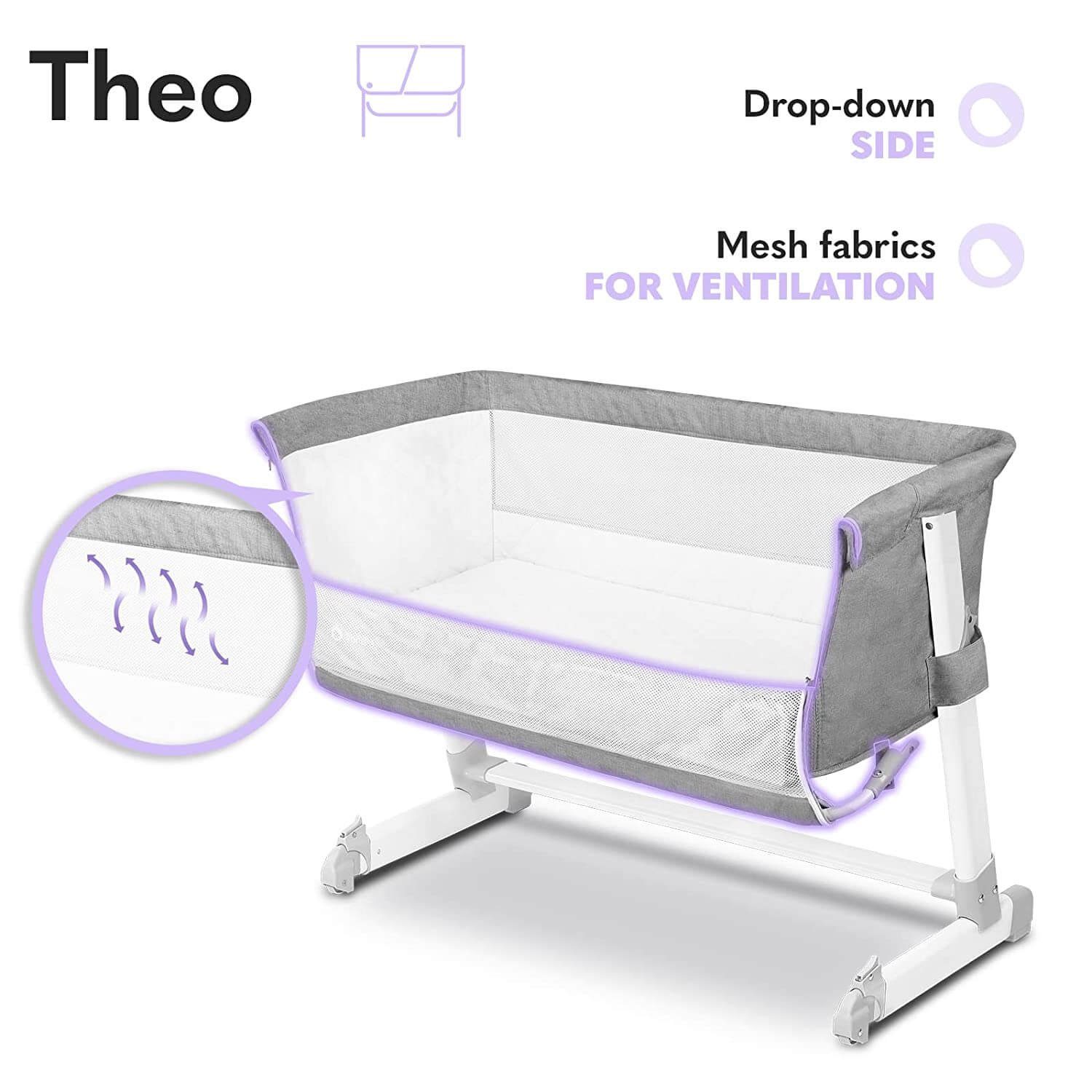 lionelo Beistellbett Lionelo Theo Baby Beistellbett Kinderbett grau Babybett Zustellbett