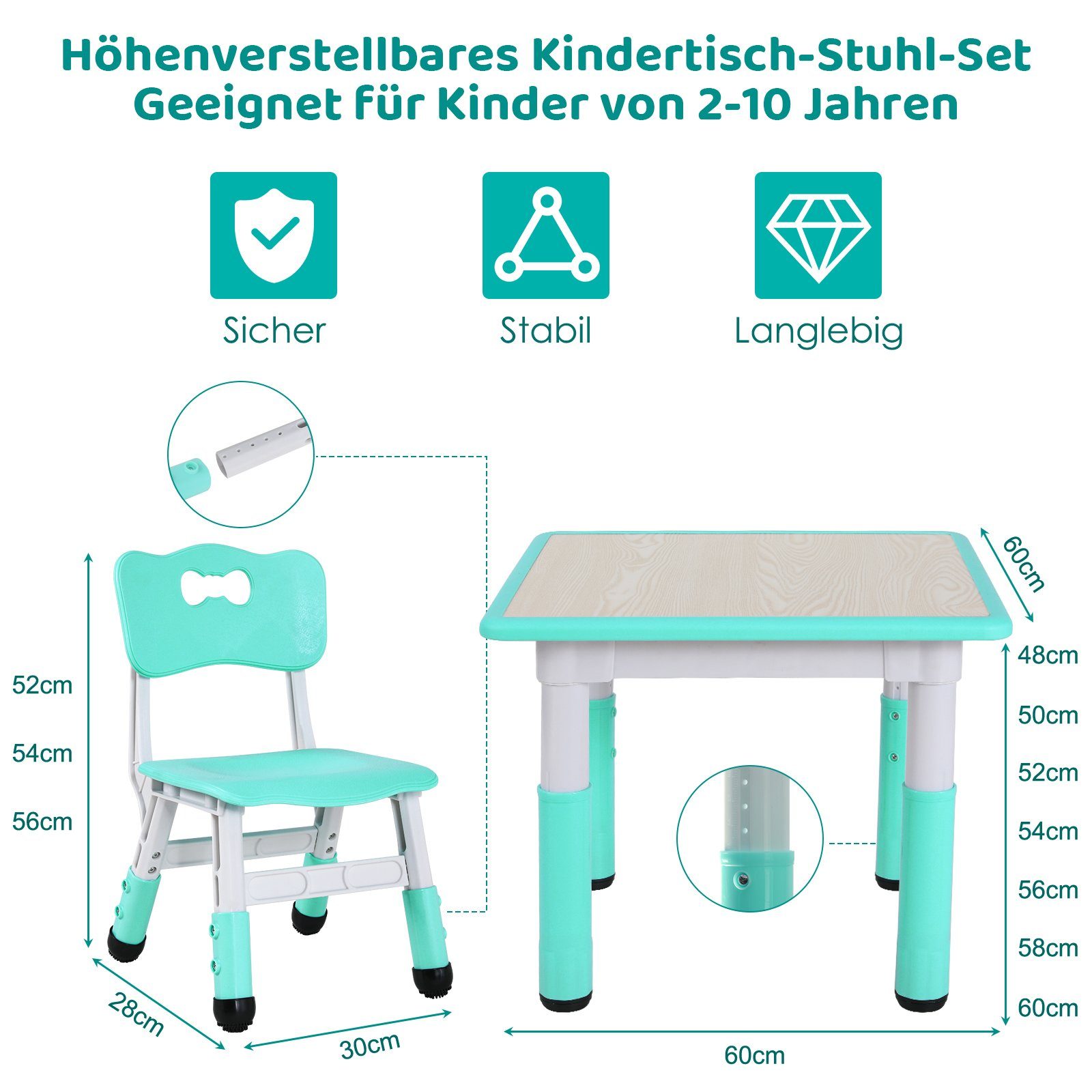 TLGREEN Kindersitzgruppe Kindertisch mit 4 Stühlen, Kindermöbel, Quadratischen Tisch Höhenverstellbar Plastik