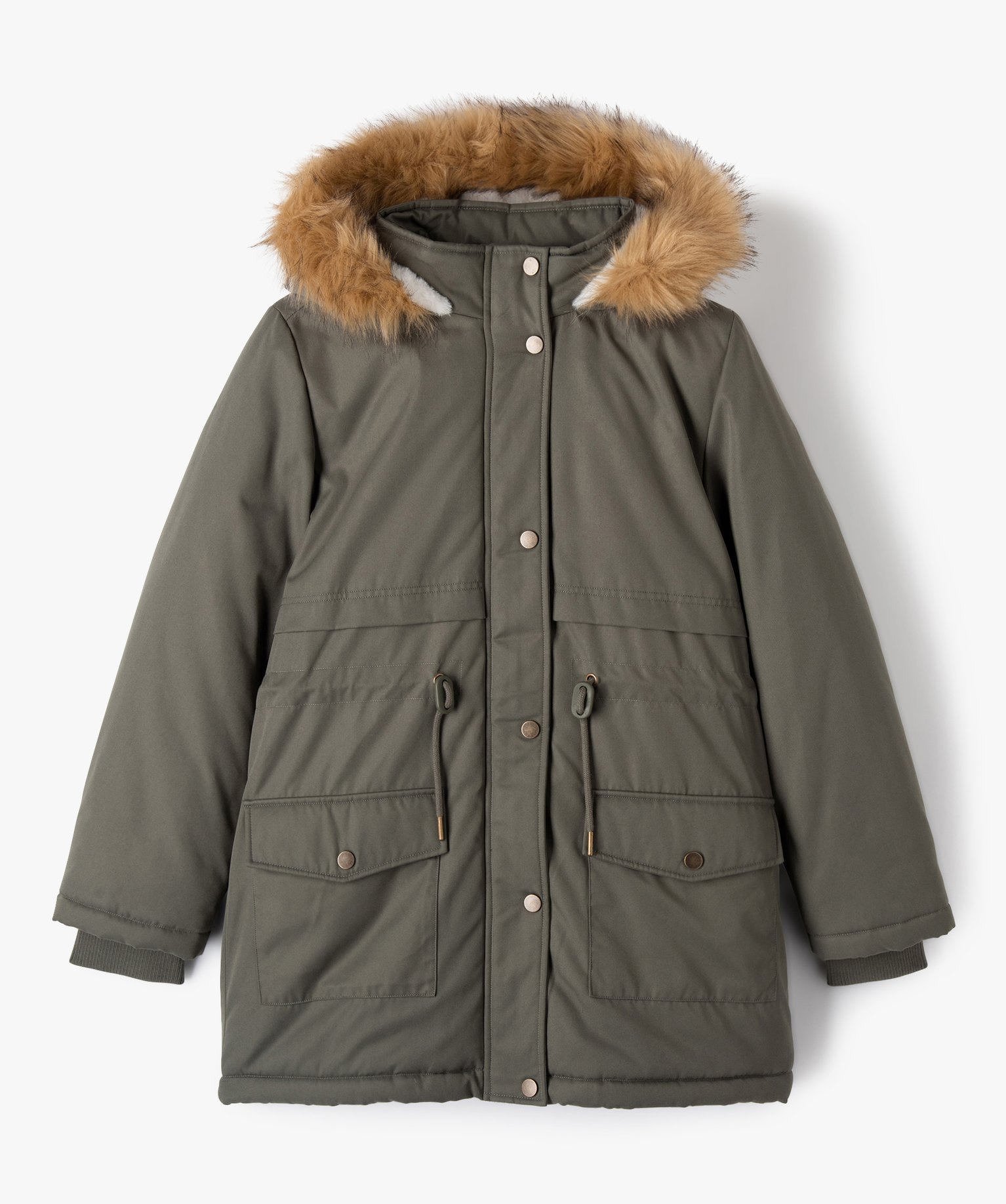Parka en matière déperlante avec doublure peluche fille kaki | GEMO