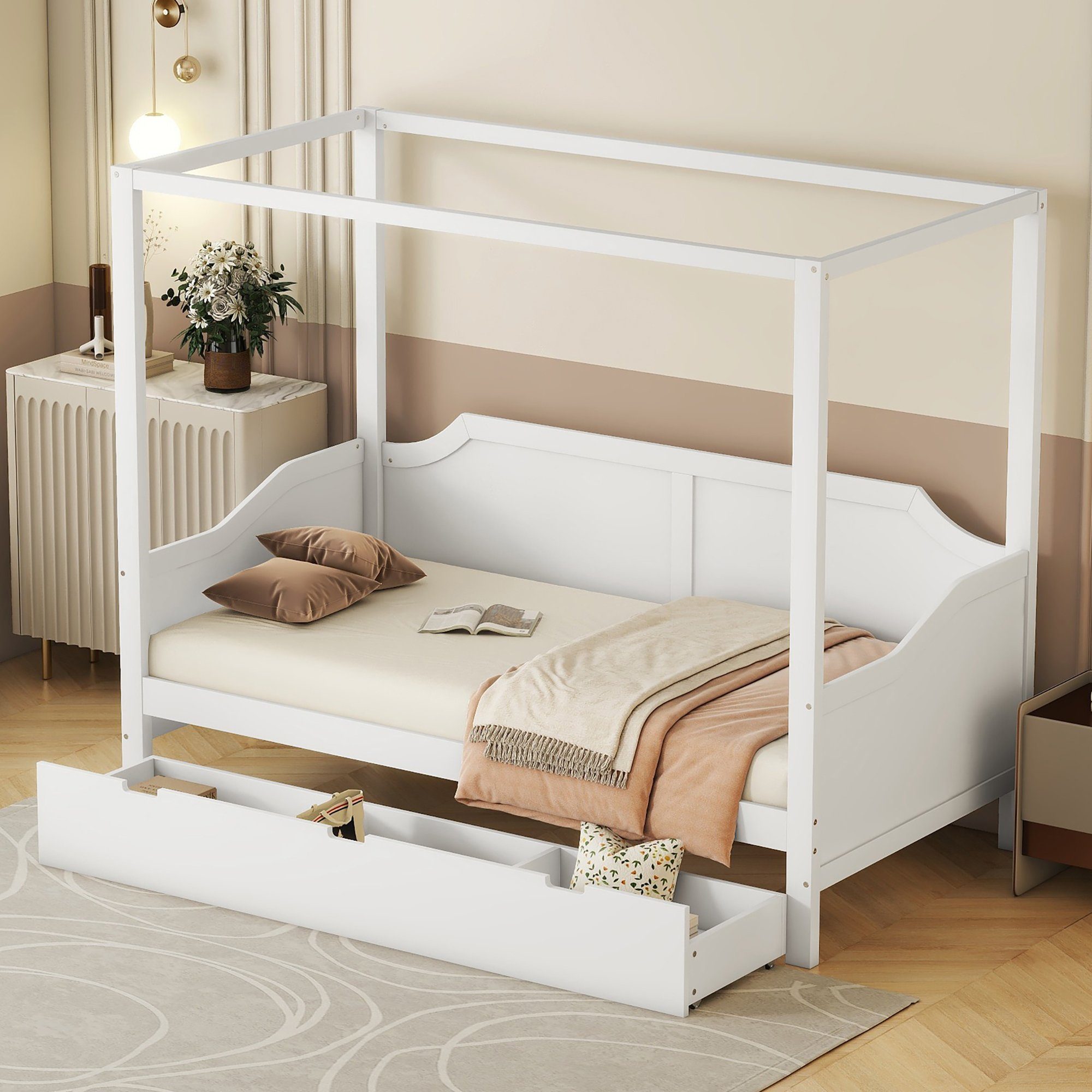 Celya Himmelbett 90 x 200 cm Größe hölzernen Baldachin Daybett Bettgestell, mit 3 in 1 Lagerung Schubladen