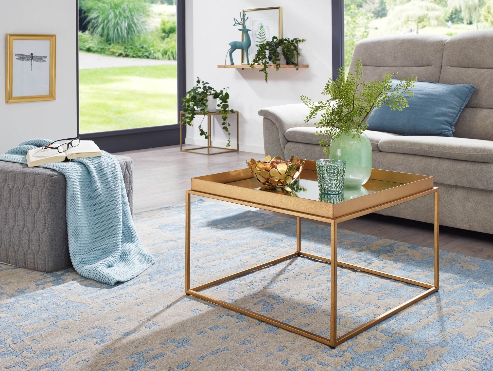 FINEBUY Couchtisch FB82282 (60x60x41 Gold, Sofatisch Quadratisch Glas Metall), Wohnzimmertisch Verspiegelt, Beistelltisch Modern