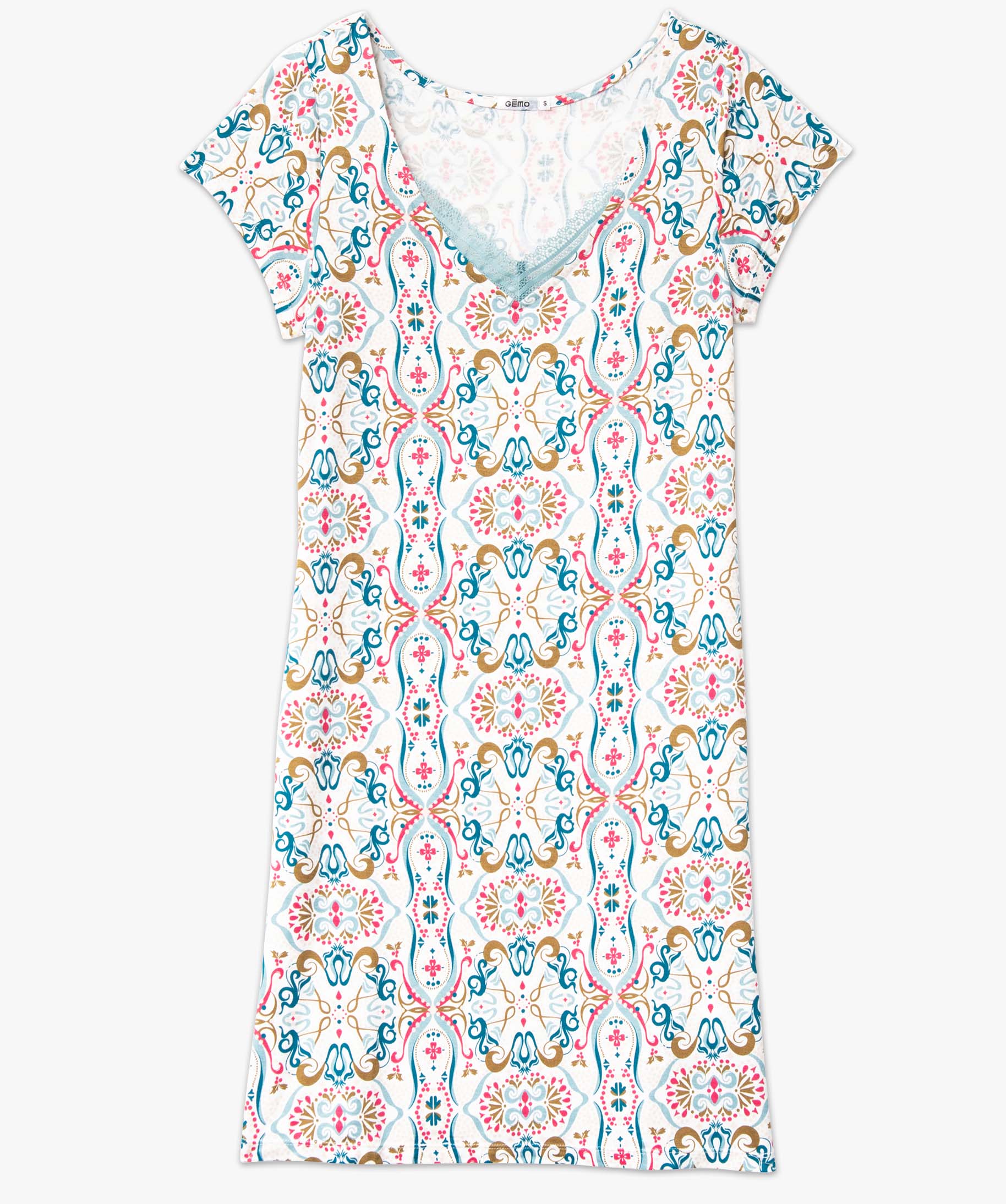Chemise de nuit en maille extensible avec col V en dentelle ... imprime | GEMO